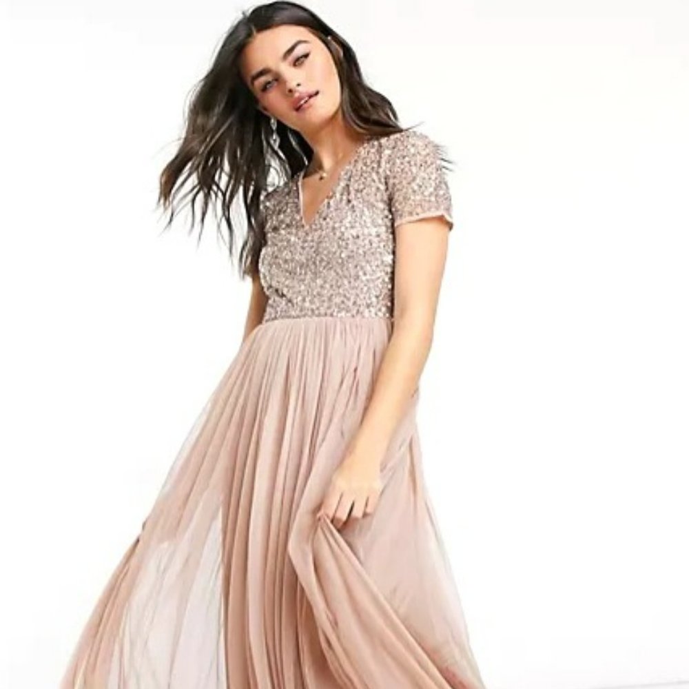 Petite Short Sleeve Maxi Tulle Dress with Sequins in Muted Blush 6